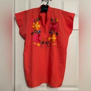 Handmade embroidered Mexican Blouse Orange & Red. NWOT.